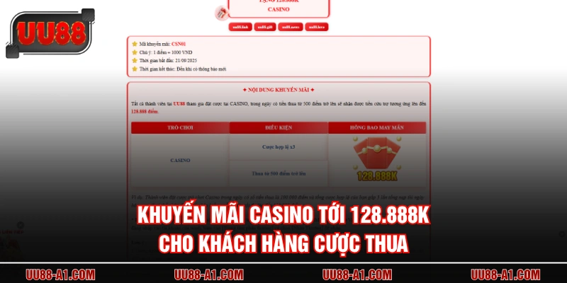 Khuyến mãi Casino tới 128.888K cho khách hàng cược thua