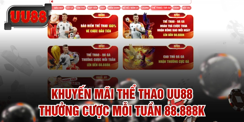 Khuyến Mãi Thể Thao UU88 Thưởng Cược Mỗi Tuần 88.888K